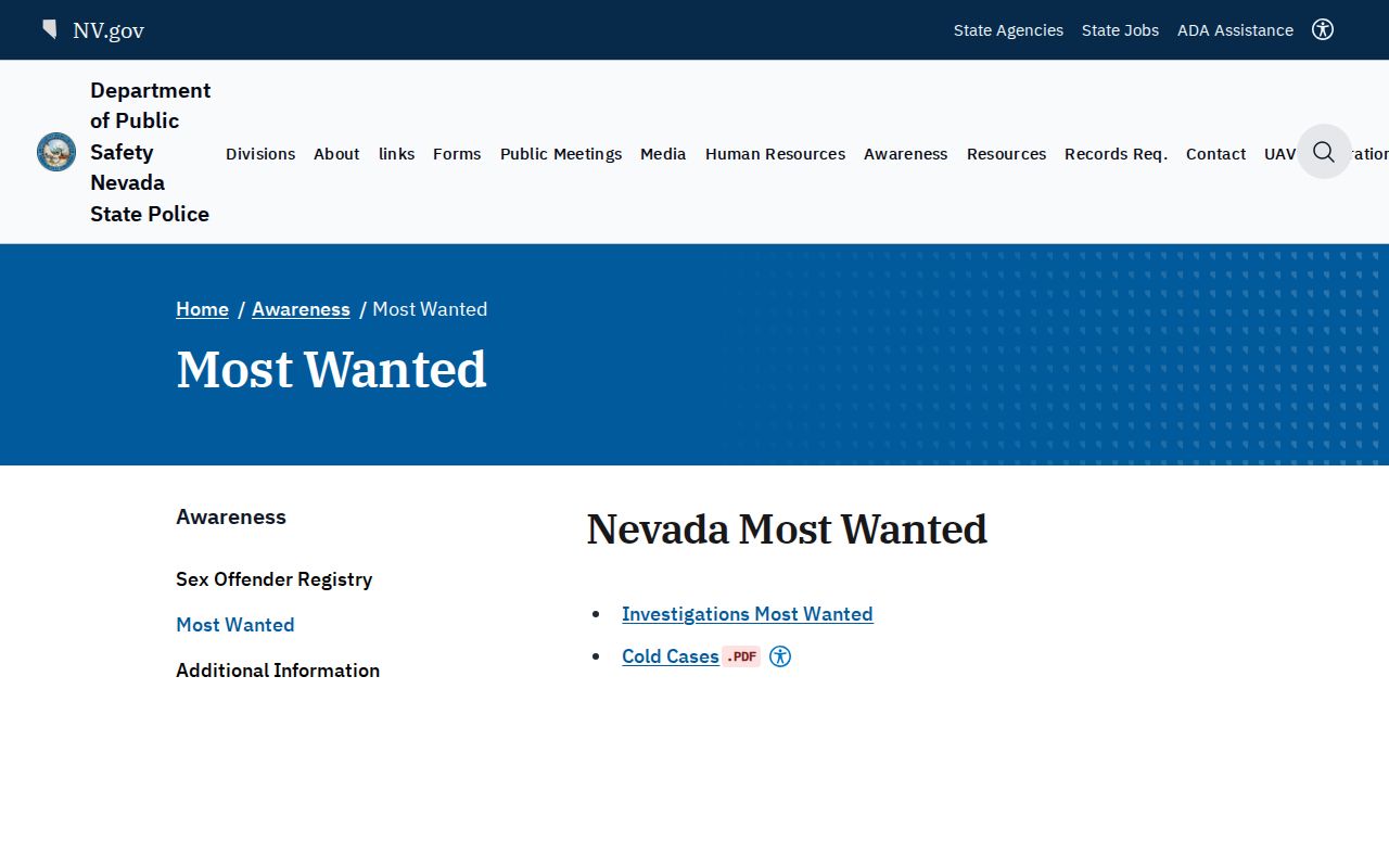 White Pine County wanted or warrant record alternative on Nevada State Police Most Wanted page