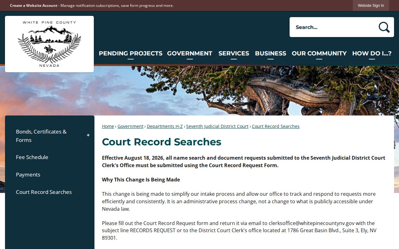 White Pine County court record request after a booking allegation