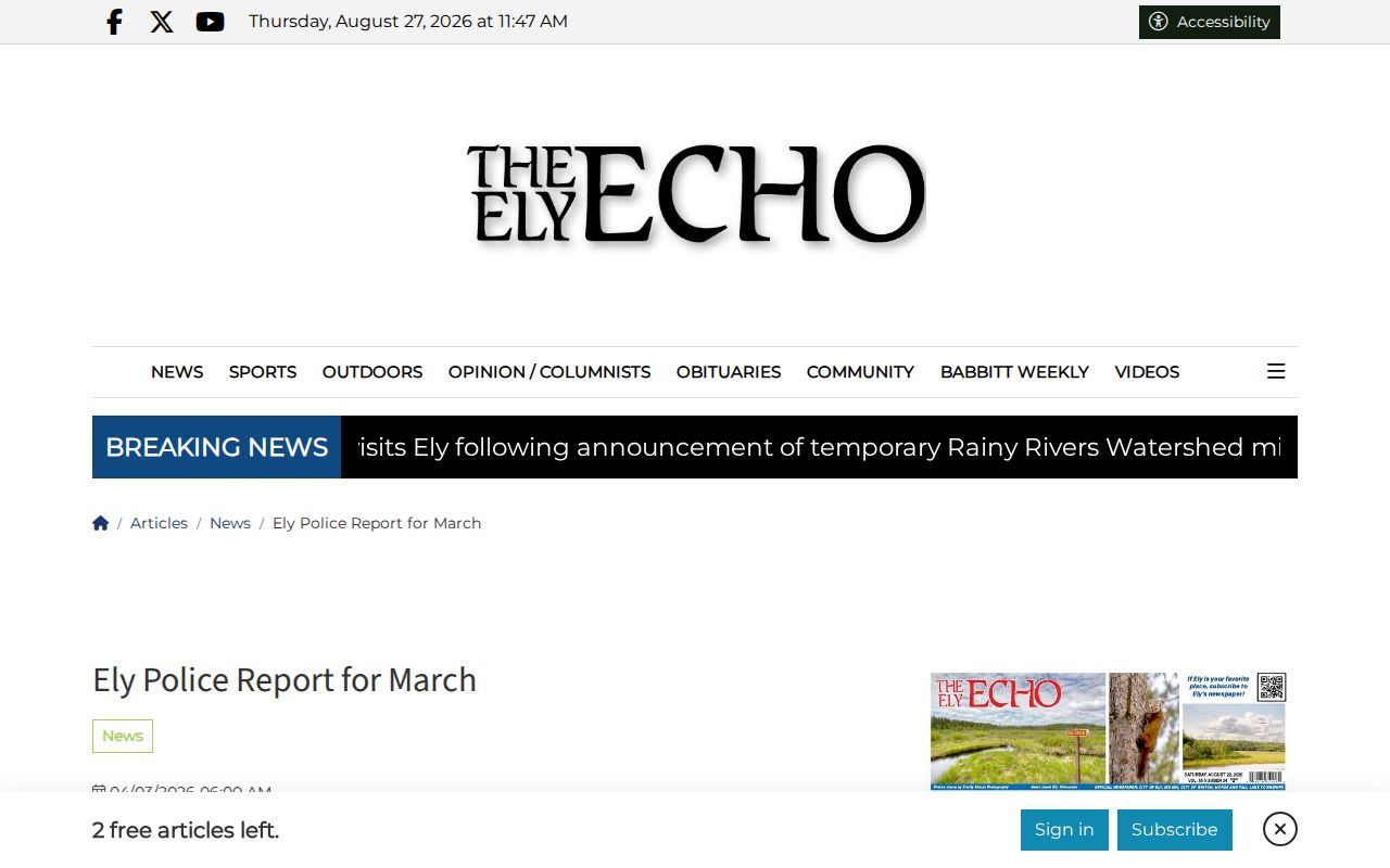White Pine County arrest news screenshot of an Ely Echo police-report summary