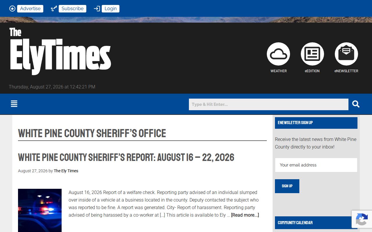 White Pine County booking news screenshot of Ely Times WPCSO reports